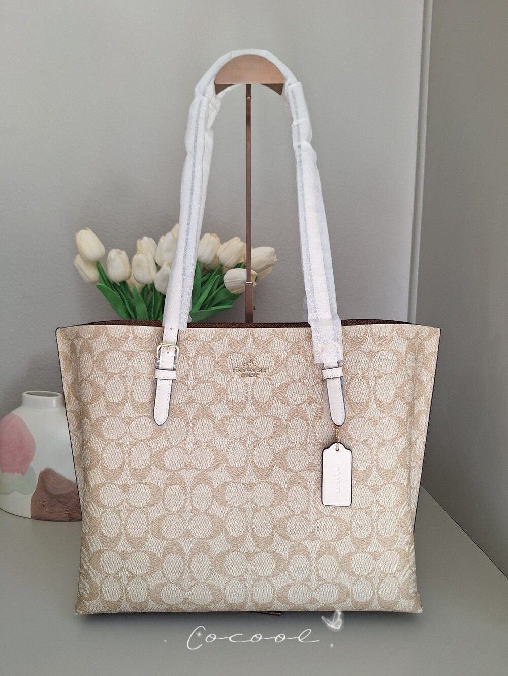 NWT Coach Large Mollie Tote Bag In Signature Canvas 1665 Light Khaki Chalk $428